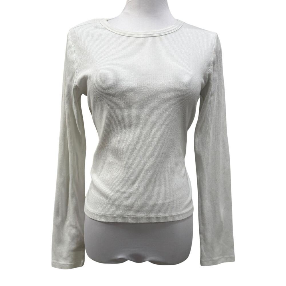 Maeve Anthropologie White Ribbed Long Sleeve Top Stretch Large Essential Capsule